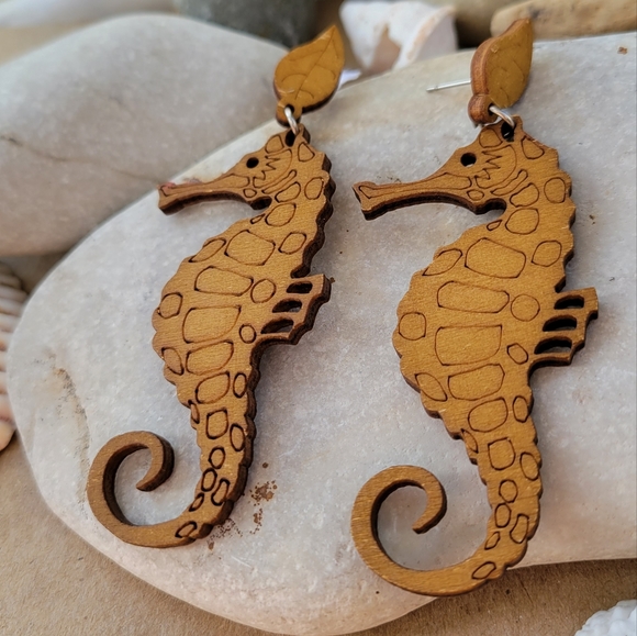 Handmade Seahorse Wooden Earrings - Picture 2 of 5